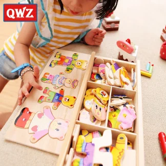 QWZ mały miś zmień ubrania dla dzieci wczesna edukacja drewniane puzzle gra w ubieranie Puzzle dla dzieci zabawki dla dzieci prezent - AliExpress