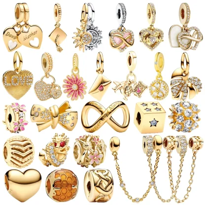 2025 NEW Sparking Gold Plated Charm Beads Fit Original 925 Silver Bracelet DIY Jewelry Gift Bow Double Heart Split Dangle - AliExpress