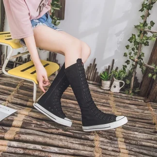 New Women's Canvas Boots Zip Shoes Comfortable Womens Shoes Flat High-top Female Sneakers Lace-up Knee-high Boots Bota Feminina - AliExpress